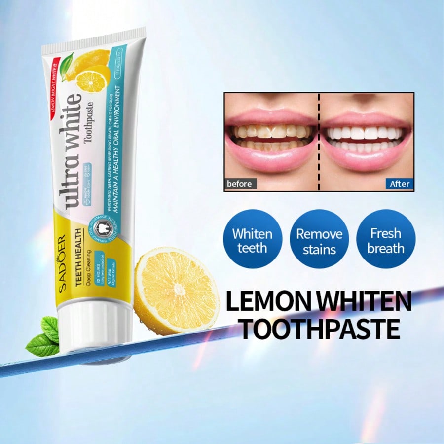 Pasta dental quitamanchas de limón. Cuidado suave y natural. Protege el esmalte. Sabor a limón fresco. Mejora la salud de las encías.