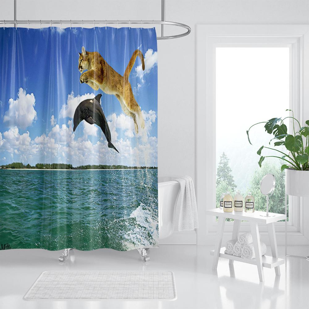 Funny Cat Shower Curtain, Dinosaur Cat Dog Animal Shark Funny Ocean Coral Goldfish Bathtub Bubbles Kids Cartoon Bathroom Decor
