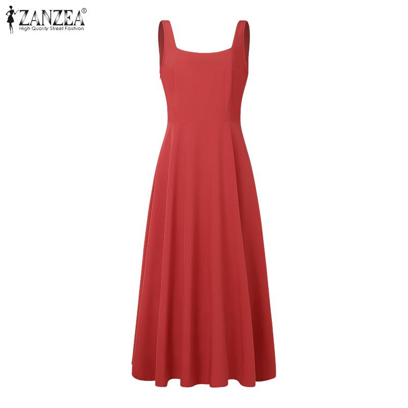 ZANZEA Damen Freizeit U-Ausschnitt Sommer Ärmellos Urlaubs Kleid