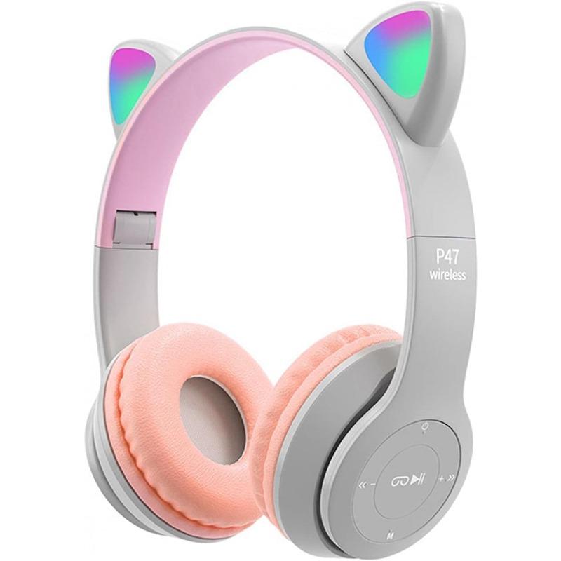Wireless Ear Headphones, Cat Ear LED Light Up Bluetooth 5.0 Foldable Wireless Gaming Headset, Comfortable Ear Headphone