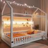90x200 Hausförmiges Plattformbett mit Zaun und LED-Beleuchtung, Weiß