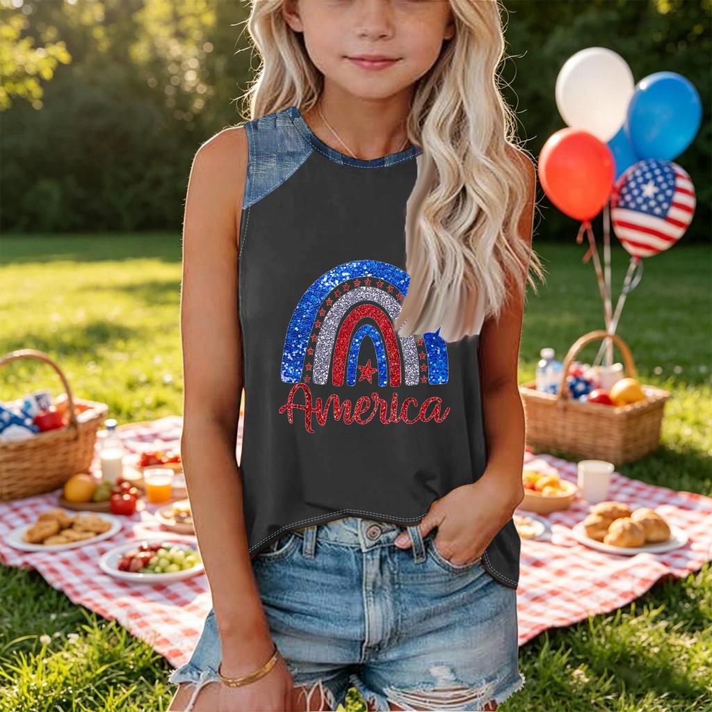 Girls Sleeveless Tank Top Loose Fit Round Neck T Shirt Independence Day Denim Print Casual Summer Tee for Kids