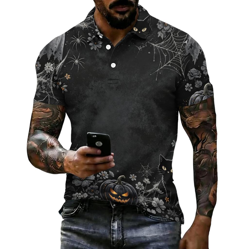 Men's Halloween Print Vintage Texture Short Sleeve Polo Shirt Loose Breathable Summer Sports Street Casual Daily Wear Top