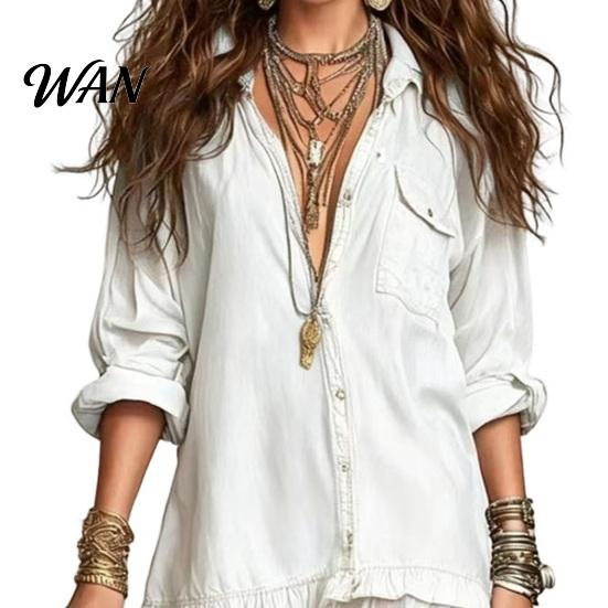 Stylish Women Sundress Women's Faux Denim Shirt Dress, Long Sleeve Mesh Patchwork Pleated Detail Dress Maxi Button Down Ruffle Sheer Printed