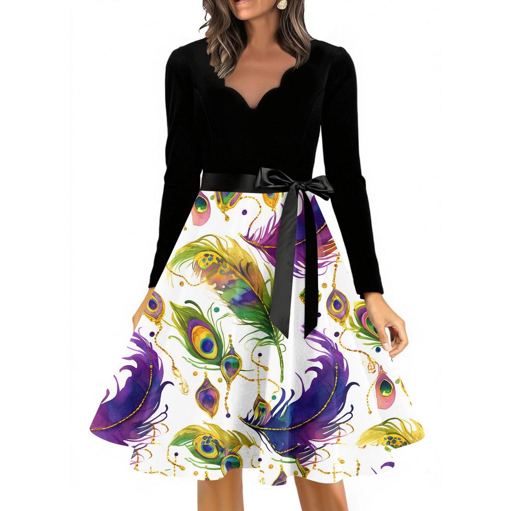 Women's Casual Fashion V Neck Long Sleeve Printed Vintage Long Dress