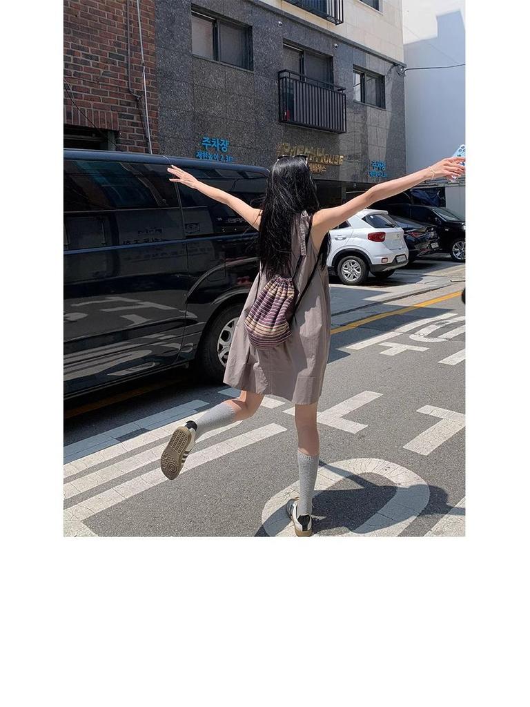 Petite French Retro A-Line Sleeveless Dress for Women, Summer Korean Style, Loose Fit