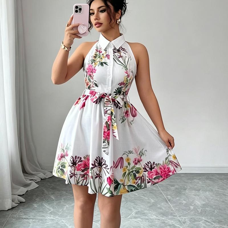 Women s Floral Print Halter Neck Dress, Sleeveless A-Line Shirt Dress with Waist Tie, Elegant Casual Summer Dress for Ladies XS