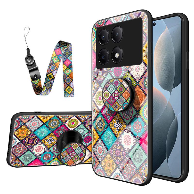 

For Xiaomi Redmi K70E 5G/Poco X6 Pro 5G Case with Strap Flower Pattern Kickstand Tempered Glass Cover Checkered Pattern