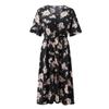 Large Size Ladies Flower Print V-neck Short-sleeved Dress European and American Waist Loose Split Mid-length Chiffon Skirt