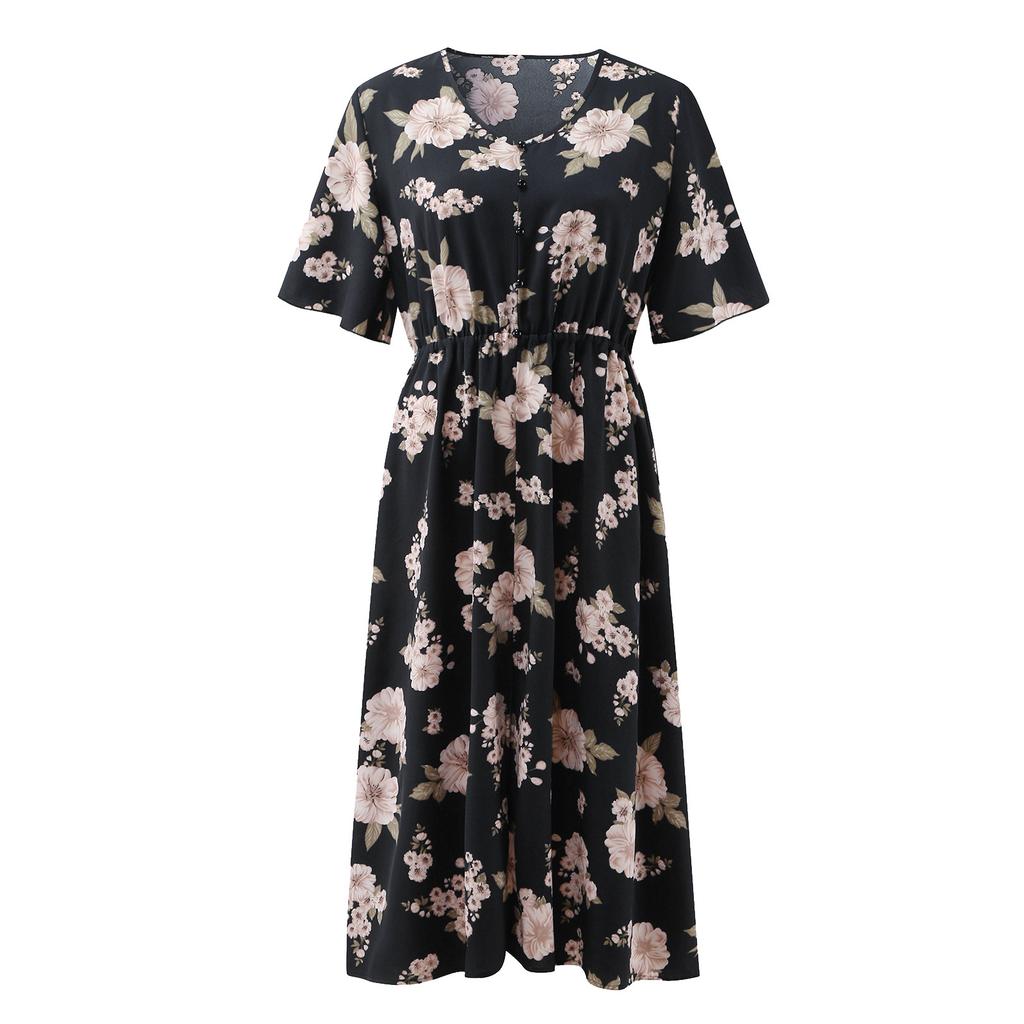 Large Size Ladies Flower Print V-neck Short-sleeved Dress European and American Waist Loose Split Mid-length Chiffon Skirt