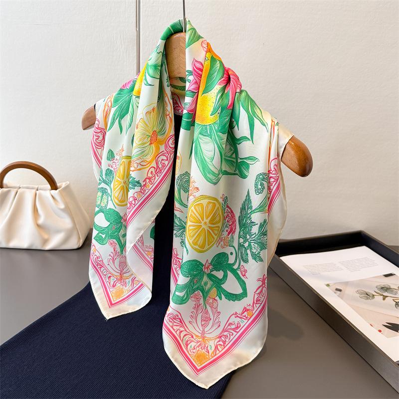 Spring Summer 70cm Square Orange Lemon Printed Women Scarf Silk Satin Scarves Shawl Headband Hijab Bandana Wrap Bufanda Lady