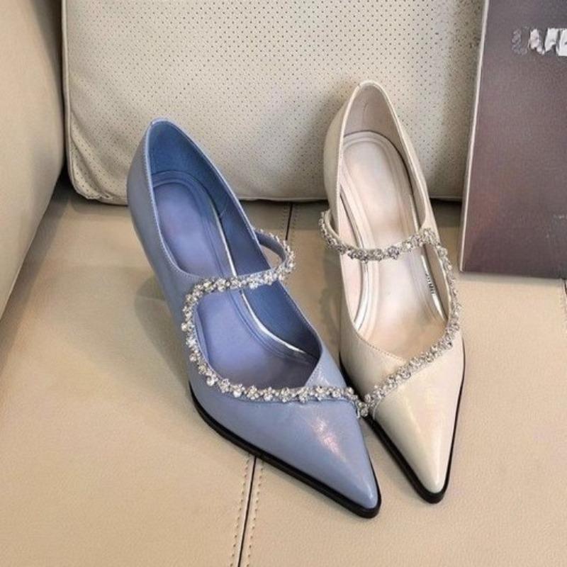 Modny pasek z cyrkonii, cienki obcas, pojedyncze buty, damskie modne buty ze szpicem, płytkie wycięcie, wsuwane, antypoślizgowe, wysokie obcasy