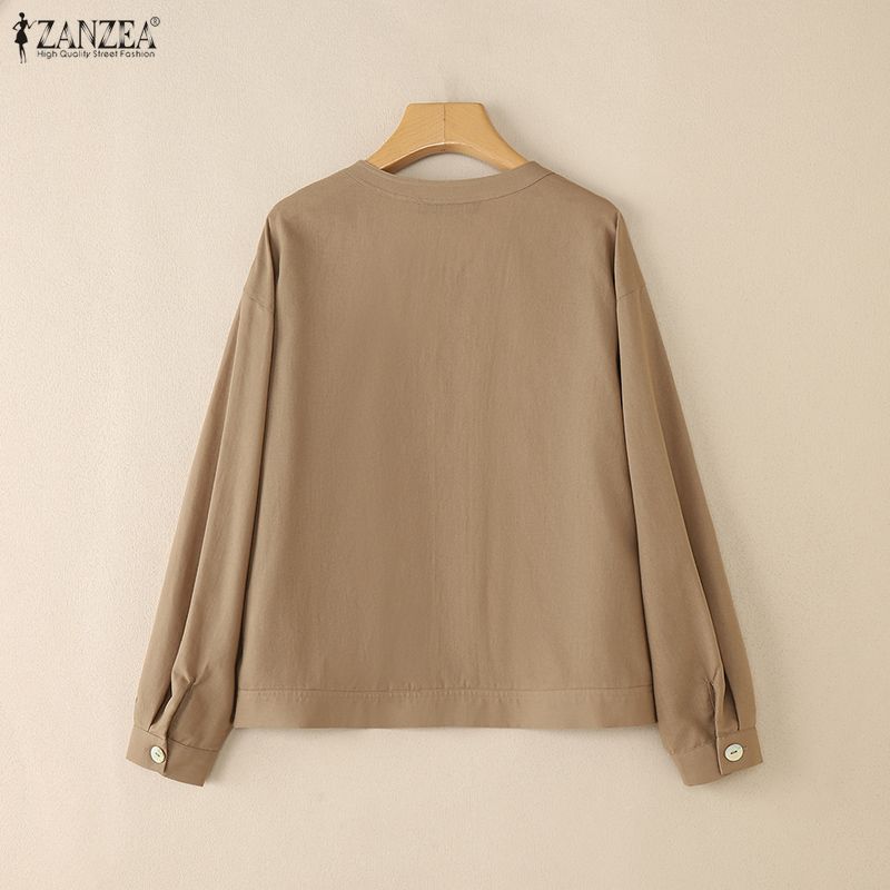 ZANZEA Dámská ležérní bavlněná halenka s kulatým výstřihem a volným dlouhým rukávem