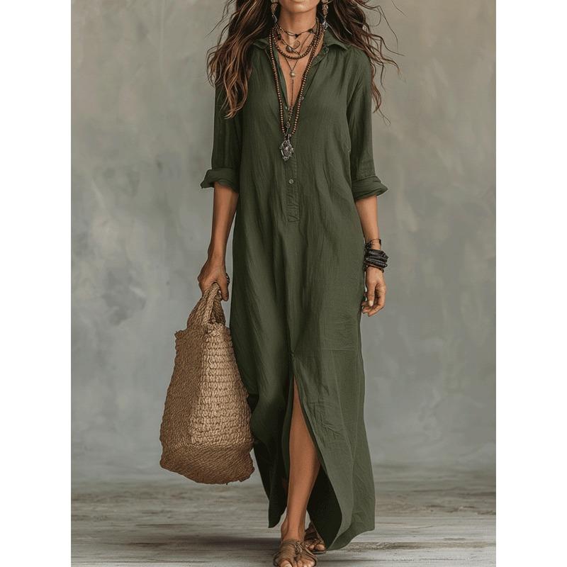 QICED Fashion Autumn Winter V-Neck Long Sleeve Solid Color Print Casual Dresses