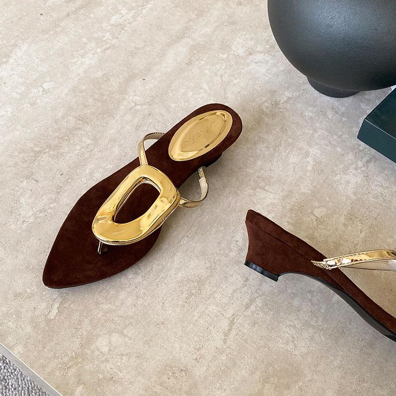 Fashion Fashion Metal Ladies Low Heel Slippers Shoes Summer Beach Luxury Female Flip Flops Women Heeled Slippers Slides Sandals Shoes