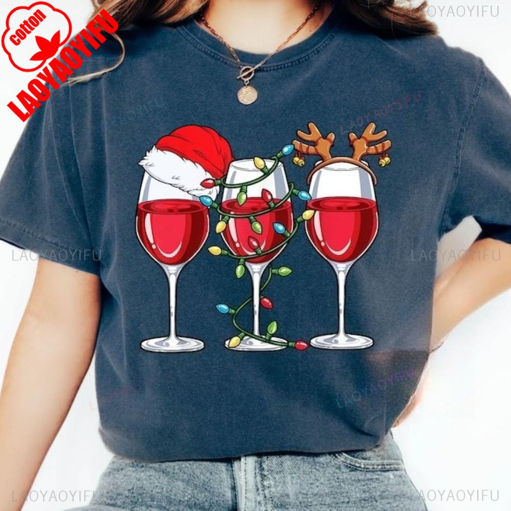 Christmas Party Shirt Women Wine Glasses TShirt Wine Lover Christmas Gift Tee Simple Casual Festival Clothing Cotton Tee Tops