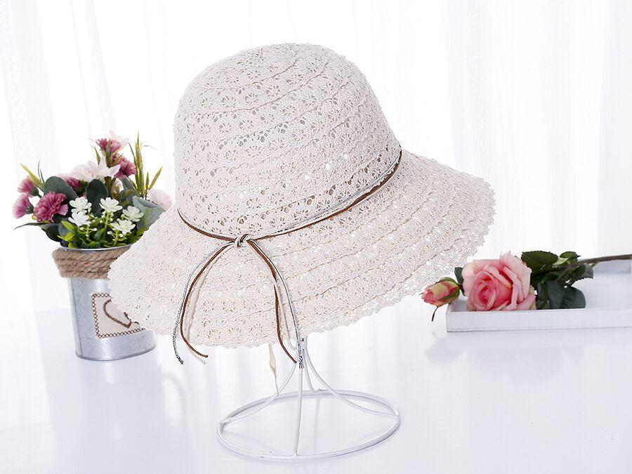 Summer Foldable Cotton Beach Bow Sun Hats For Women Fashion Floppy Elegant Beach Visor Hat Ladies Lace Hollow Straw Hat