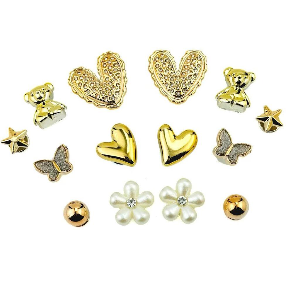 14PCS Summer Fashion Shoe Charms Set Accessories for Clogs Shoe Buckle Golden Bear Rivet Butterfly Flower DIY Shoes Decorations