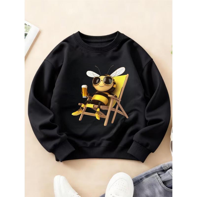 Kids Crewneck Long Sleeve Sweatshirt, Fun Quirky Print of Glasses-Wearing Bee Drinking Beer 110 чёрный
