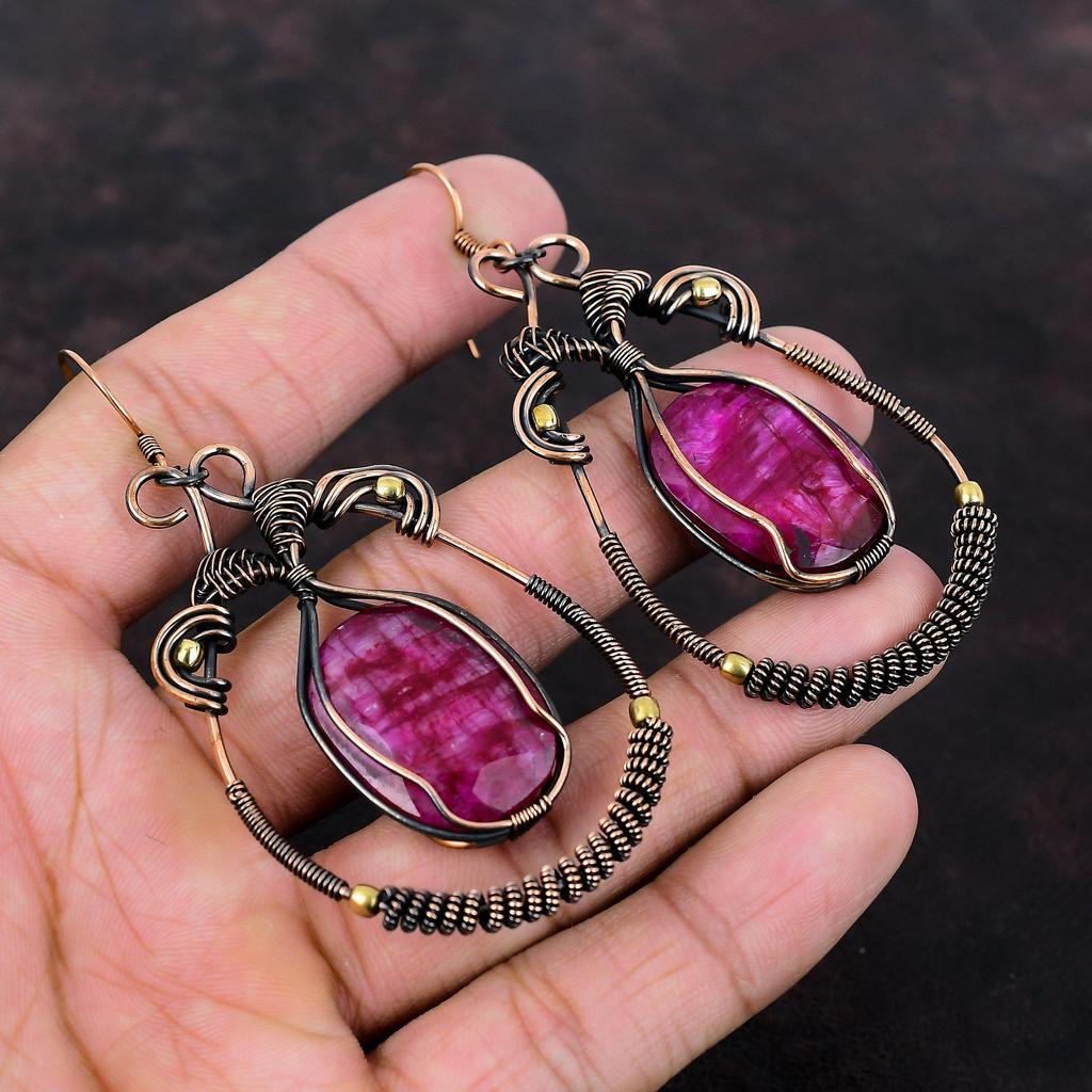 Faceted Kashmir Ruby Earring Copper Wire Wrapped Jewelry Gemstone Earrings Handmade Jewelry Copper Earring Gift For Women Wire Wrap Earring