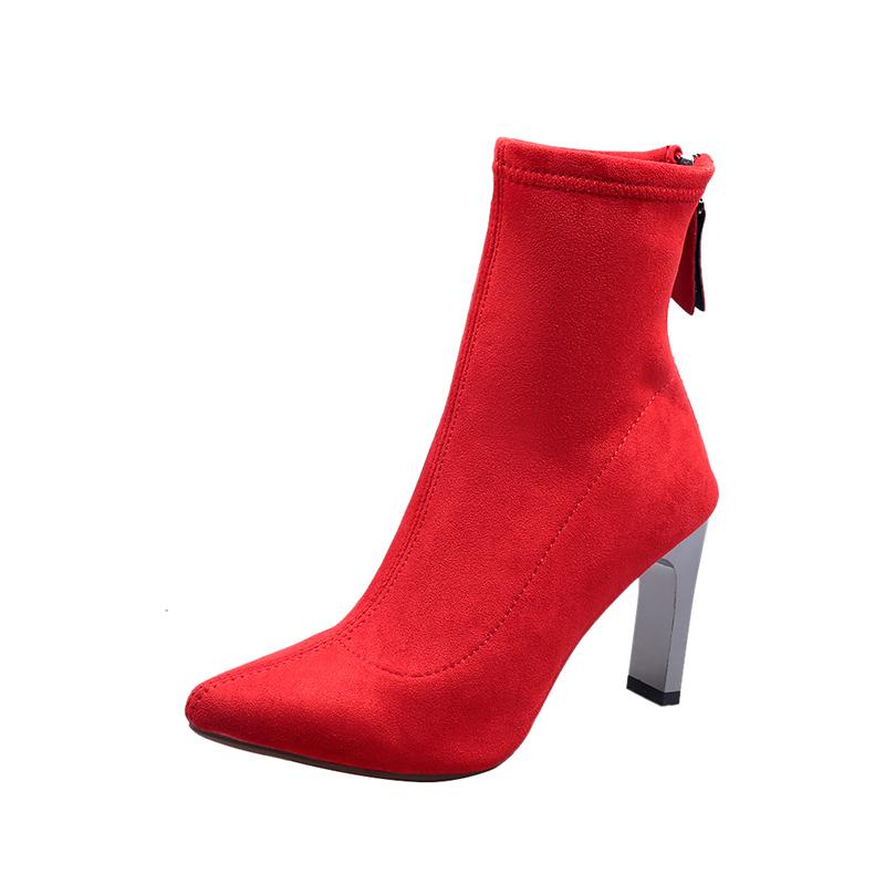 Fashion Aphixta Stiletto Boots Women Shoes Zip Stretch Fabric Female Botas Pointed Toe Mid-Calf Socks Thin High Heel Elastic High Boots