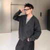 Men's Dark Grey V-Neck Faux Two-Piece Woolen Sweater, Winter Fashion, Trendy Old Money Style.