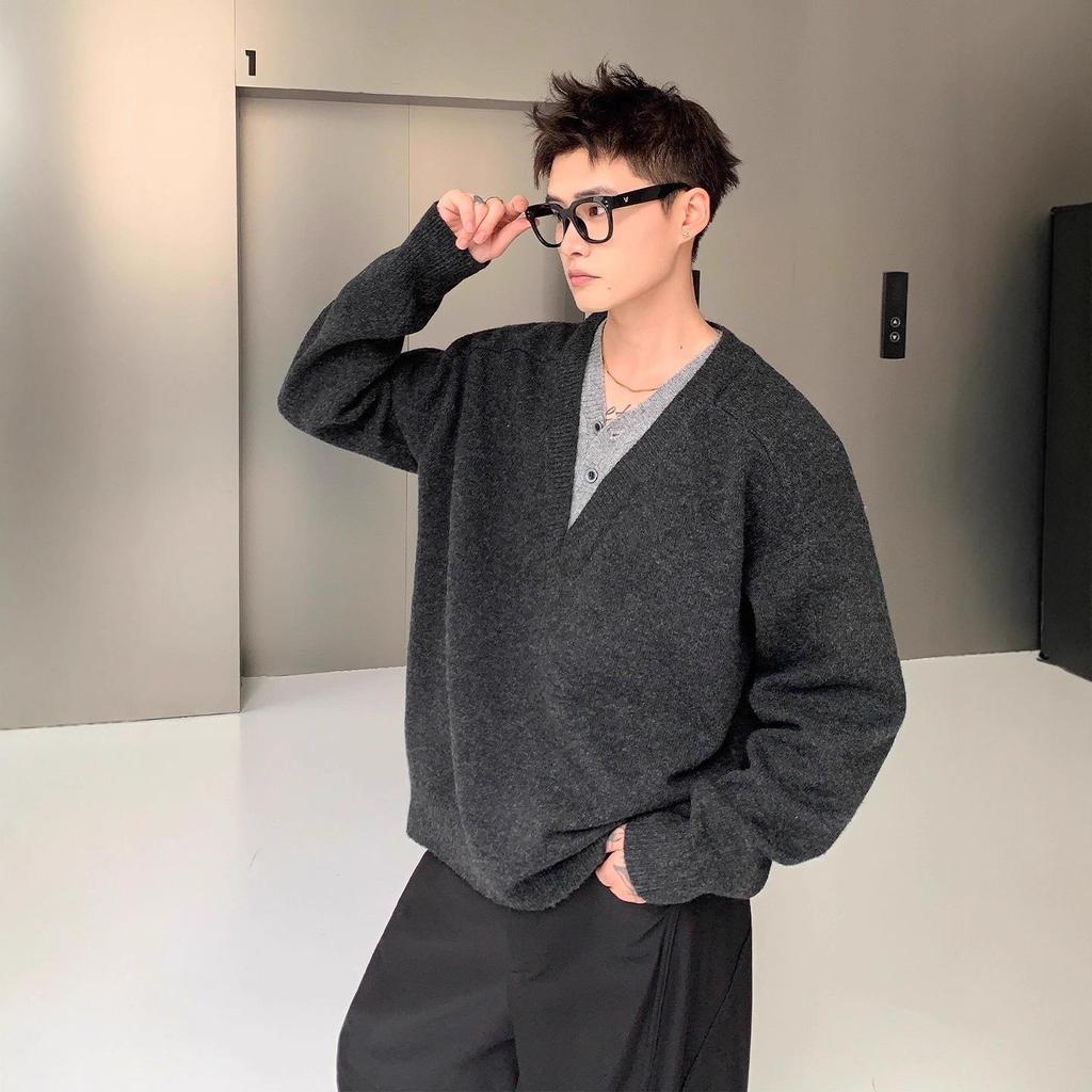 Men's Dark Grey V-Neck Faux Two-Piece Woolen Sweater, Winter Fashion, Trendy Old Money Style.