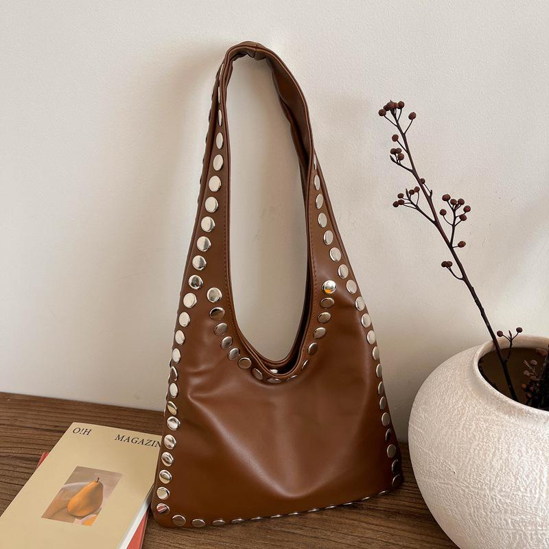 Trendy Retro One-Shoulder Rivet Bag with Textured Design