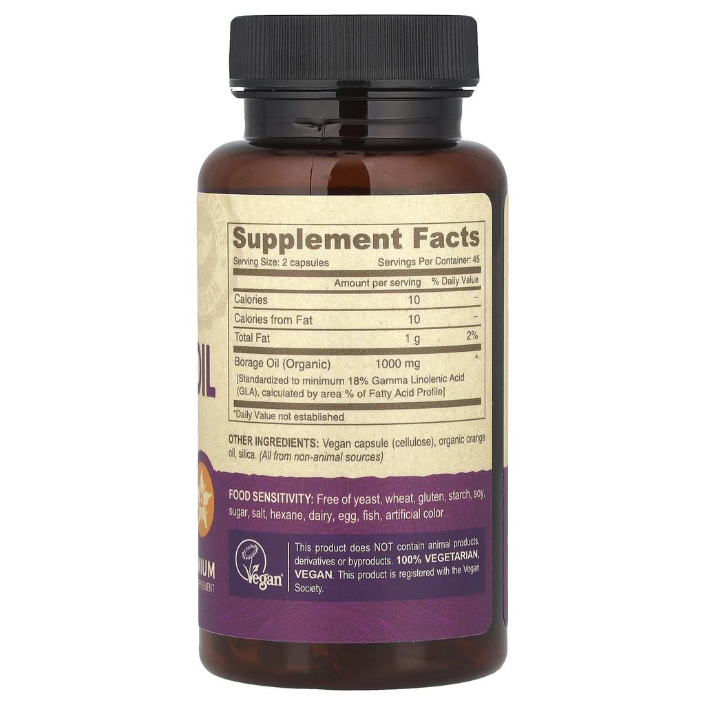 Premium Vegan Borage Oil, Gamma Linolenic Acid (Gla), Vegan Capsules 90