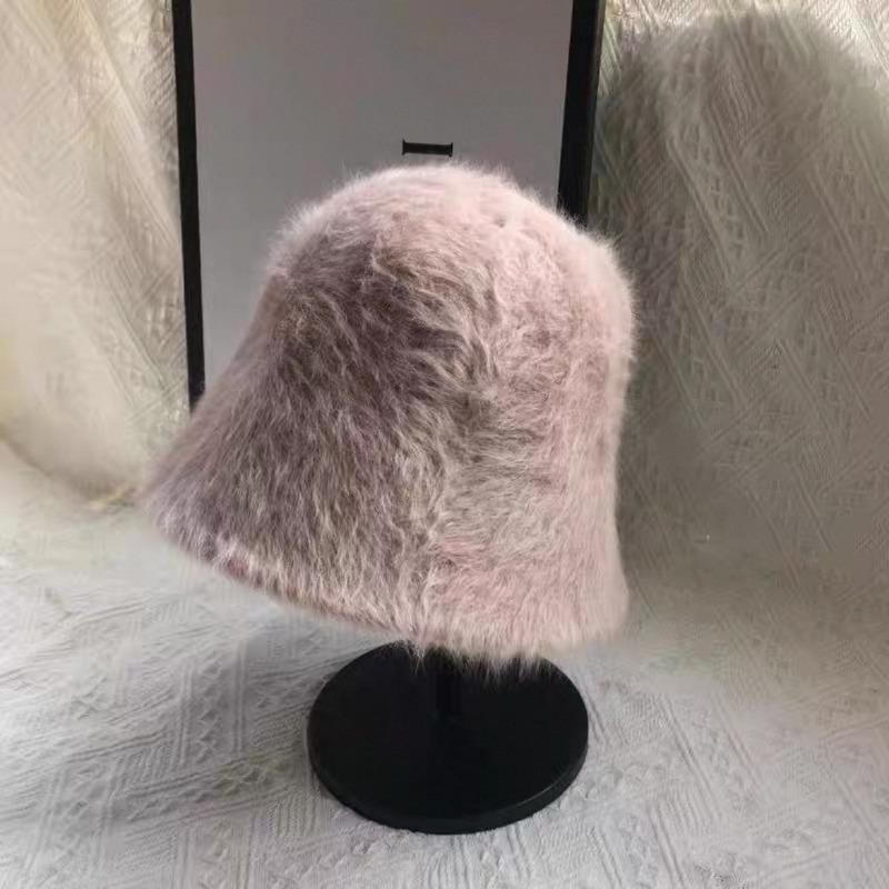 Rabbit Fur Hat Female Winter Big Head Circumference Bucket Hat Showing Face Small Plush Hat Warm Fluffy Bucket Hat