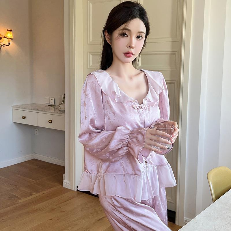 New pajamas women's spring and summer ice silk long-sleeved two-piece set sweet Chinese style high-end loungewear set