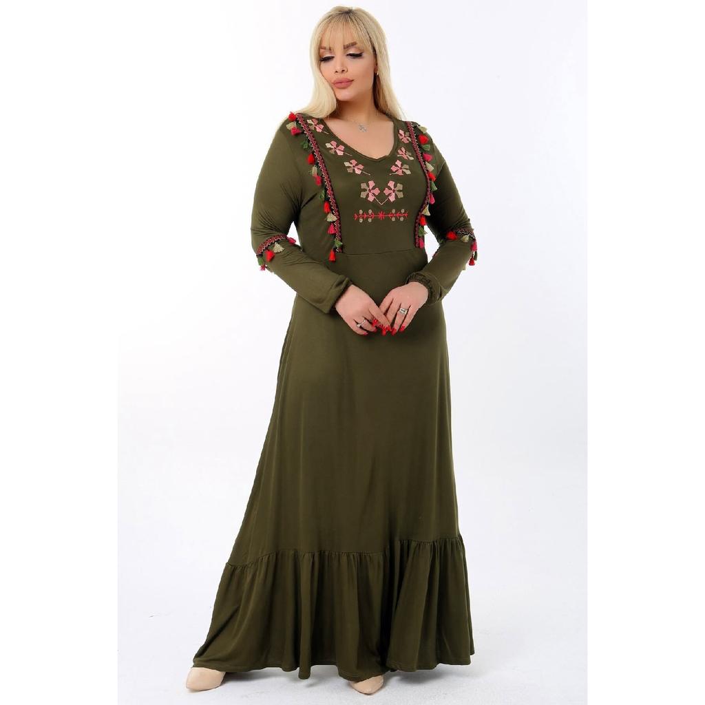 Embroidered V -neck Tassel Skirt With Frilly Long Arm Full Size Dress