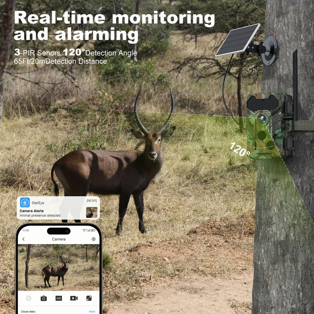 Outdoor-Kamera, kabellos, solarbetrieben, Jagdkamera, 32 MP, BT, Infrarot, 4G, SIM-Karte, BT Quick Connect