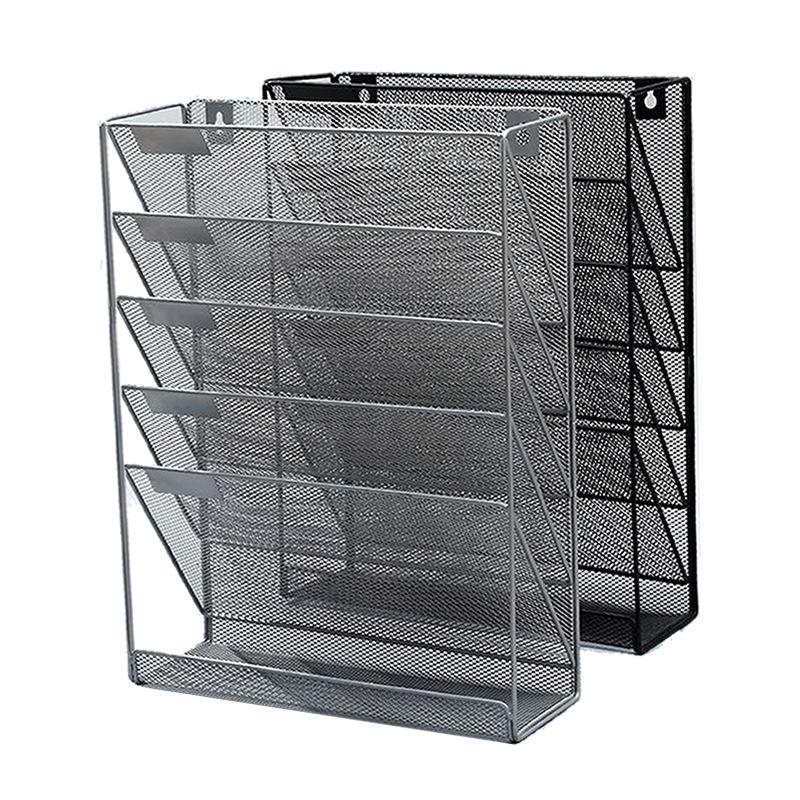 Suport metalic de perete pentru dosare: Organizator vertical cu cinci straturi pentru documente A4 și coș de depozitare pentru cărți cu mai multe straturi.