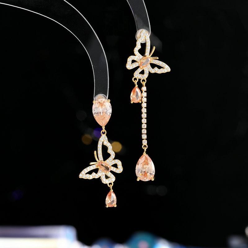Asymmetrical Butterfly Drop Earrings With Cubic Zirconia Women Sterling Post Lightweight Luxury Jewelry