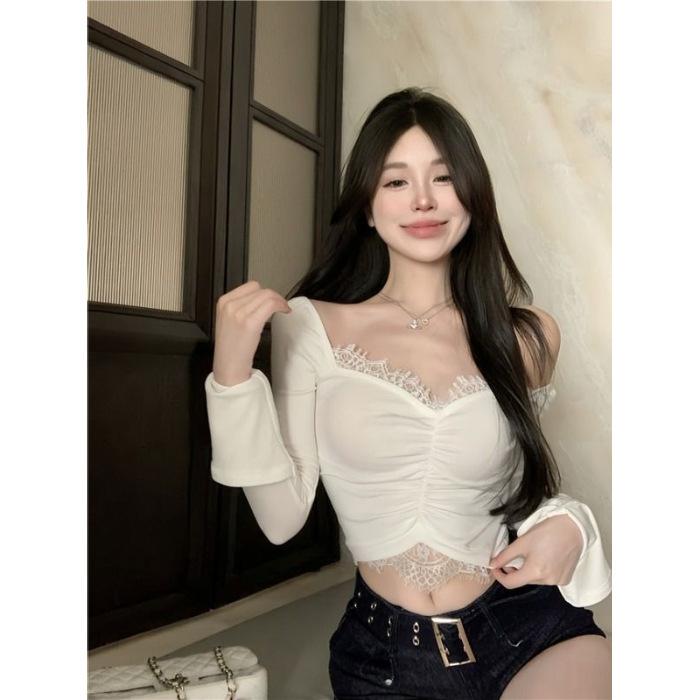 Pure Lace Long-sleeved T-shirt for Women's Spring and Autumn New Slim-fitting and Thin Design, Spice Girl Inner Bottoming Shirt Top