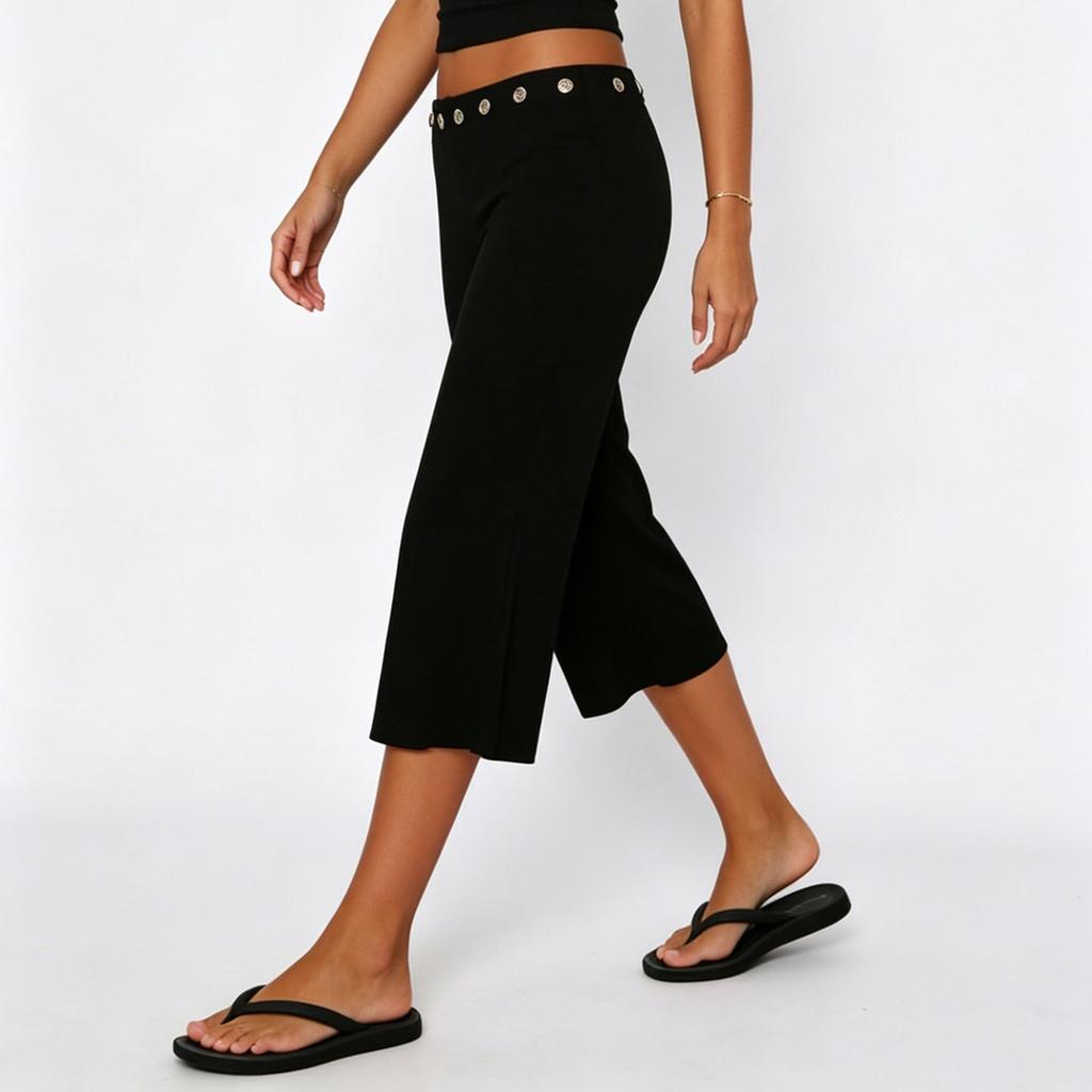 Women Slim Fit Flared Capri Pants Seven Quarter Length Casual Streetwear Sport Trousers with Waist Eyelet Detail