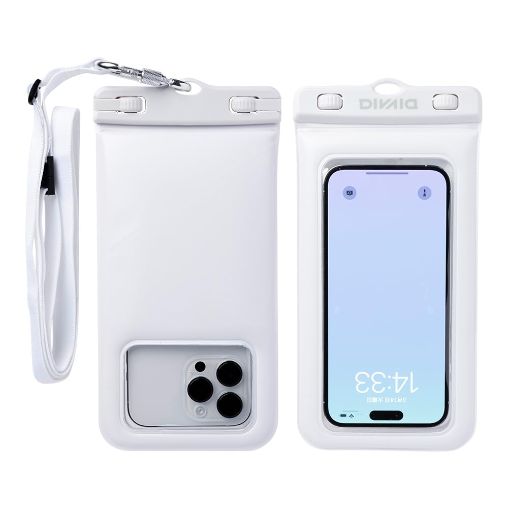 DIVAID Waterproof Case for IP68 with Shoulder Strap and Compatible with and Various Wide-Size Smartphones, Rated, (White) [Waterproof Dustproof,