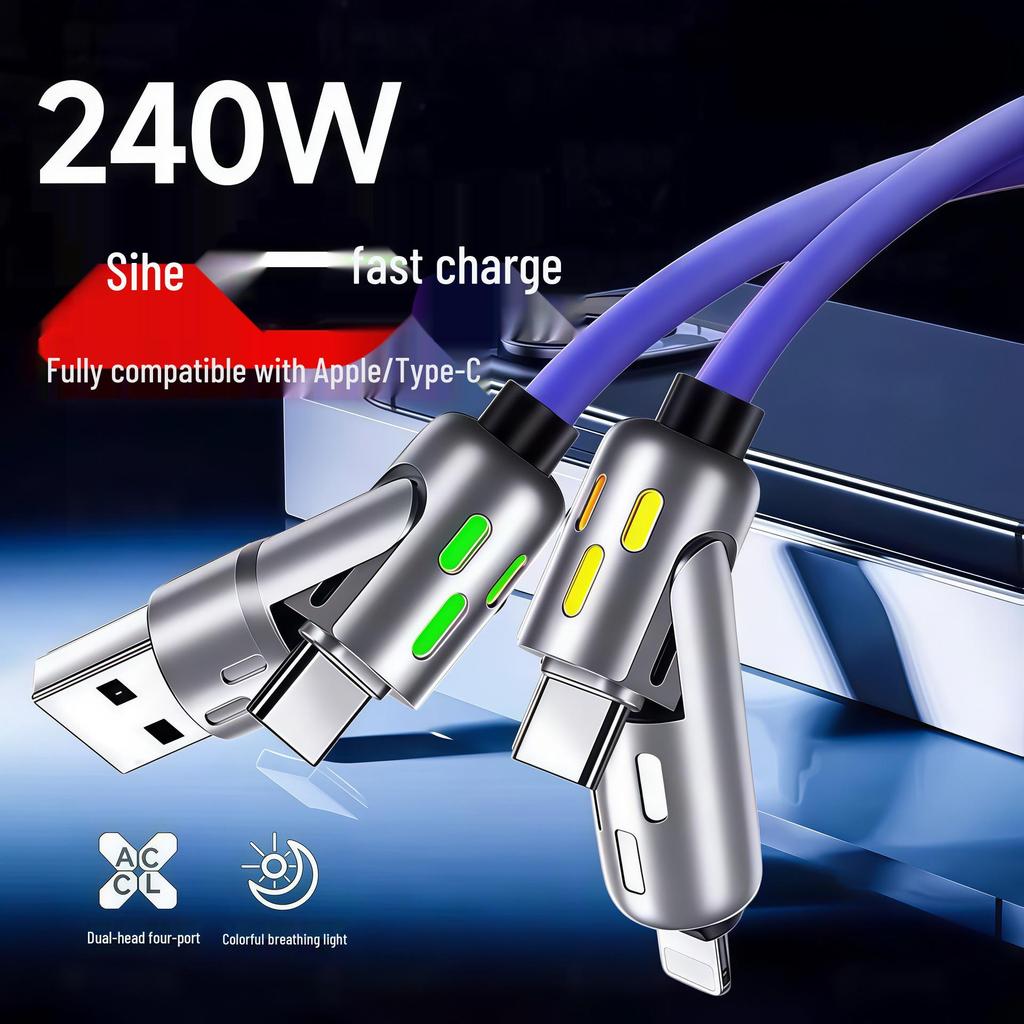 PD3.1 4-in-1 6A Fast Charging Cable with Dual-Light, Compatible with Apple, Type-C, Huawei, and Car Chargers.