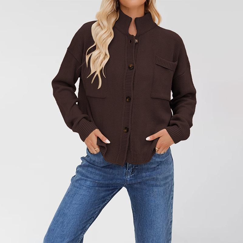 Women's Plus Size Solid Color Knitwear Cardigan with Stand-up Collar - New 2026 Collection