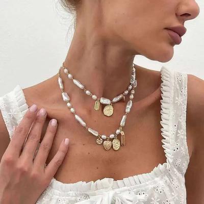 Salircon Baroque 2Pcs/Set Imitation Pearl Necklaces Women  Trendy Heart Shaped Tassel Pendant Necklace Party Jewelry Gift