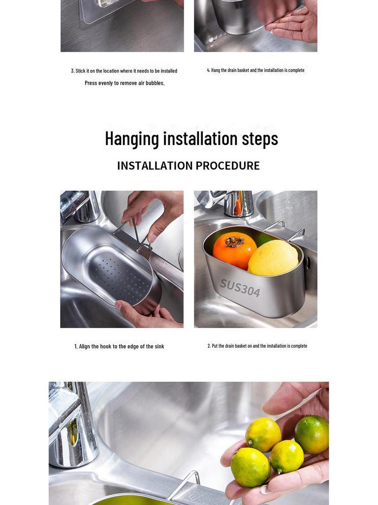 New 304 Stainless Steel Multi-Function Sink Drain Basket with Filter & Hanging Rack