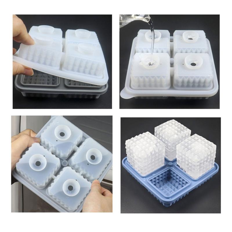 Ice Cube Tray for Freezers 4 Grid Silicone Molds Square Round Ice Makered for Whiskeys Cocktails Bar Tool Easy To Release