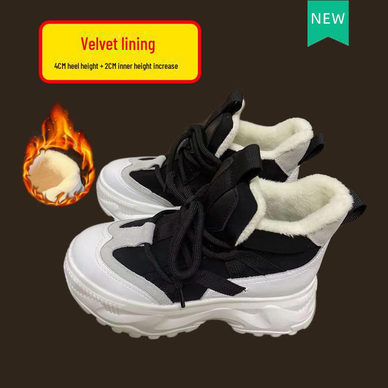 Women's Thick-Soled High-Top Dad Shoes: New 2022 Autumn/Winter White Platform Cowhide Korean-Style Casual Sneakers