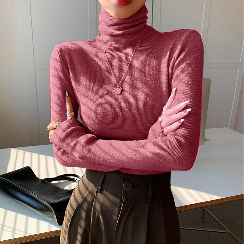 

Hirsionsan тонкий мягкий базовый свитер женский 2021 новый корейский однотонный вязаный джемпер с длинными рукавами женский пуловер 12 цветов one size ярко-розовый/розовый