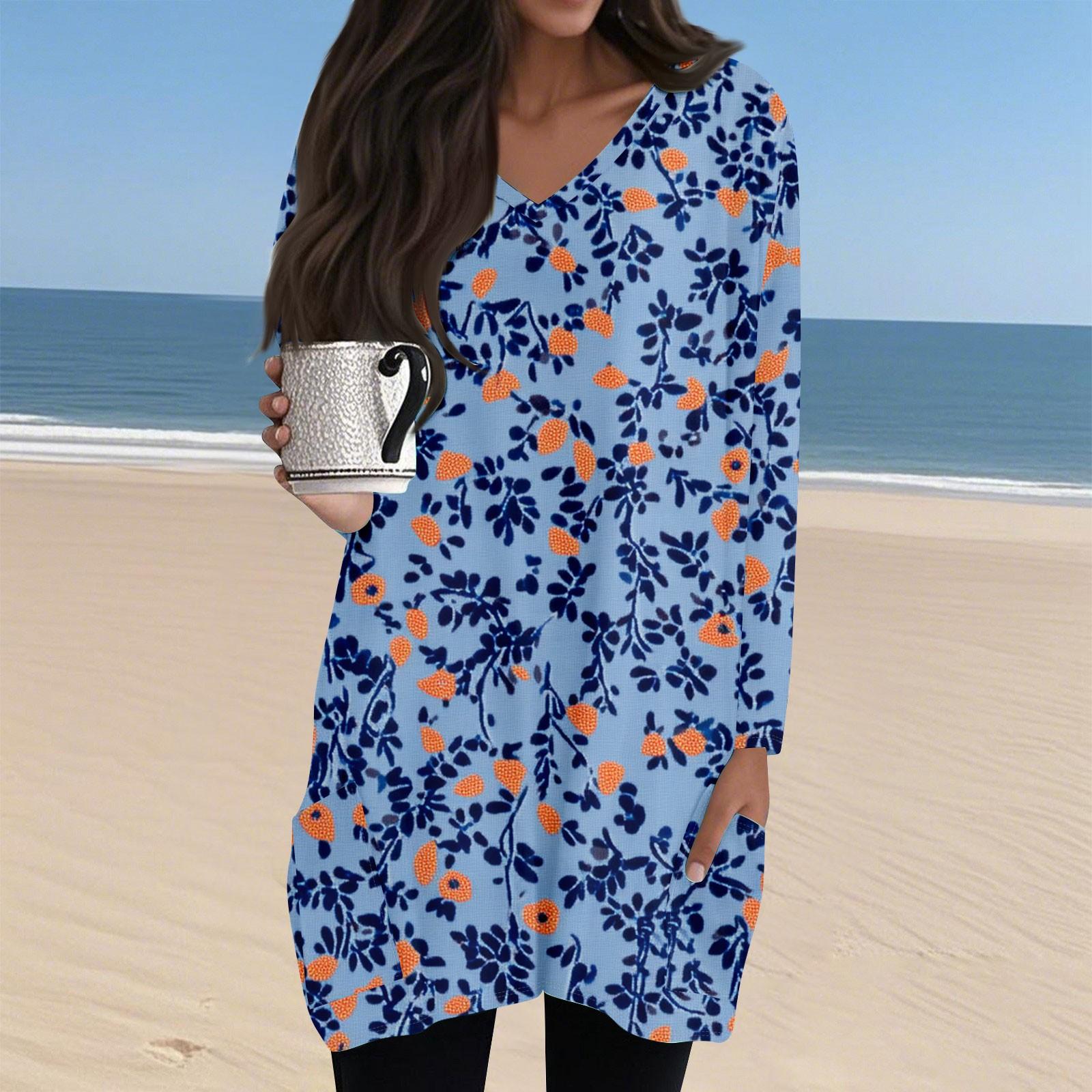 

Ladies Casual And Fashionable V-neck Floral Print Mid Length Pocket Long Sleeved Top S