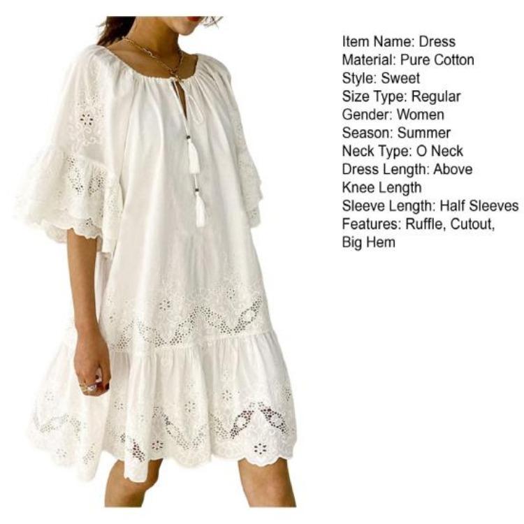 Women Casual Loose Mini Dress Ruffled O Neck Fashionable Daily Wear Holiday Beach Dress