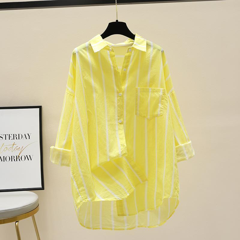 

Полосатая рубашка с защитой от солнца для женщин на весну и лето. Тонкий кардиган, свободная повседневная рубашка. Тенденция. S жёлтый
