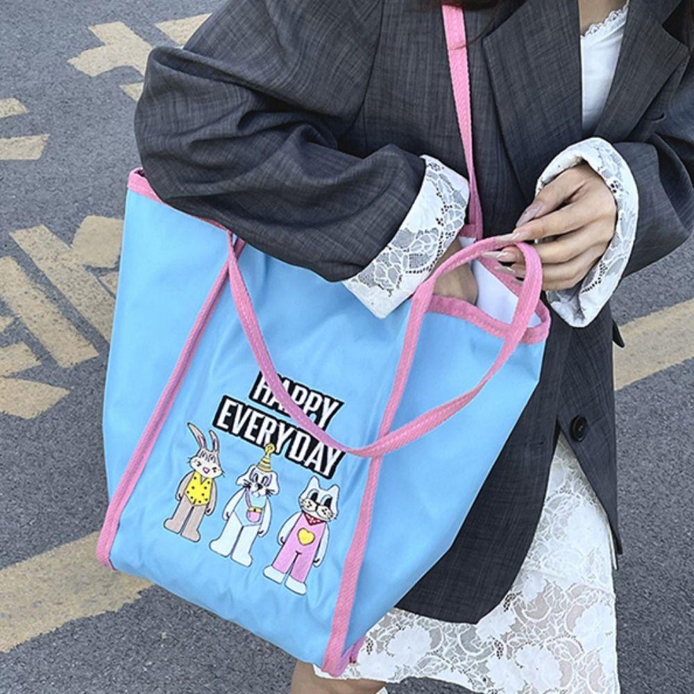 Reusable Bunny Shoulder Bag Lightweight Embroidery Basket Bag Cartoon Shopping Bag  Outdoor