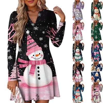 Women's Christmas Printed Dress Loose V-neck Casual Long Sleeved Dress